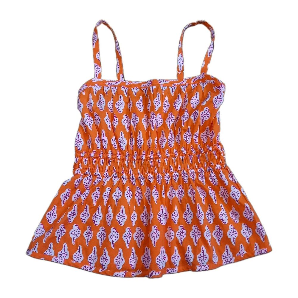 J.Crew Factory Printed Strappy Shirred Top Orange White Smocked Peplum Sz 6 NWOT